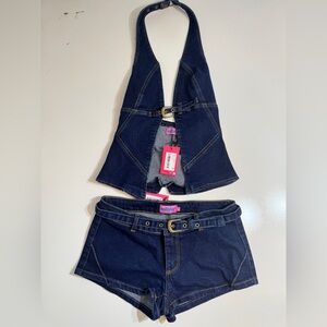NEW WITH TAGS! Dark Blue Denim Halter Top and Shorts Set